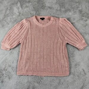 J.Crew‎ Linen Knit Top Puff Sleeve Ribbed Crewneck Sweater Salmon Pink L